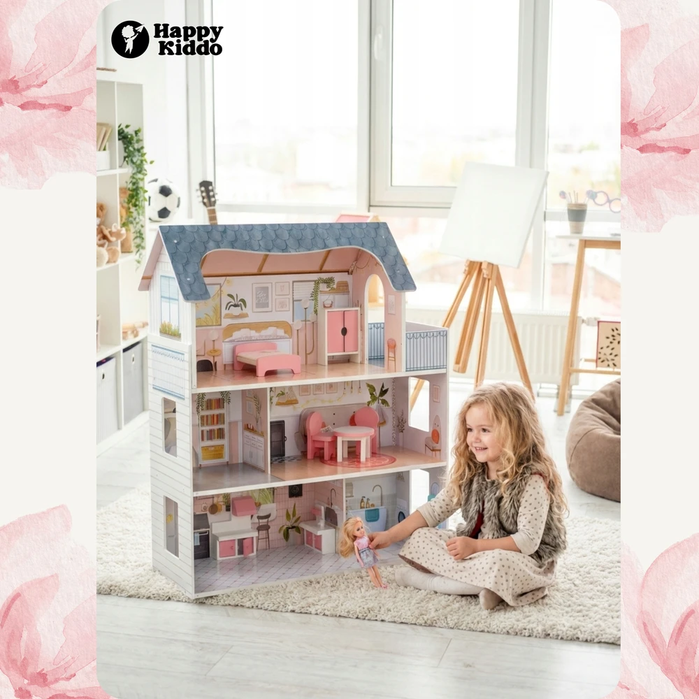 Happy Kiddo Didelis XXL lėlių namelis, mediniai baldai, terasa, LED apšvietimas, 3 aukštai
