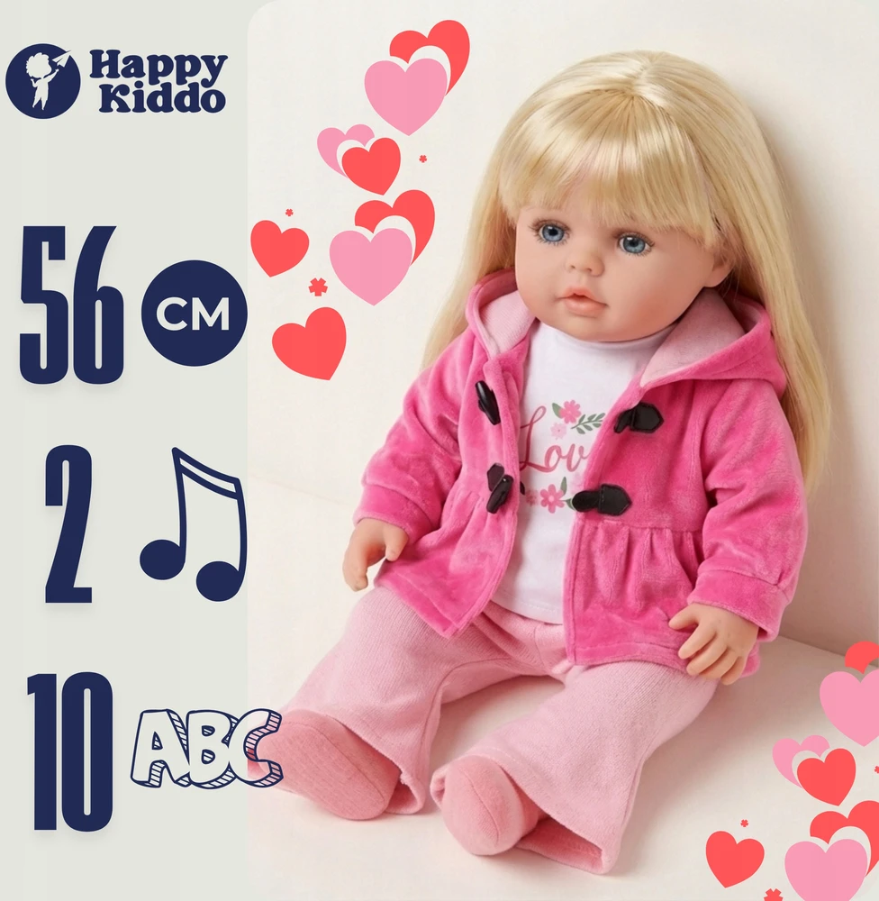 Happy Kiddo Gyva lėlė, didelė, 56 cm, minkšta, interaktyvi, kalba, dainuoja, moko 2 kalbų