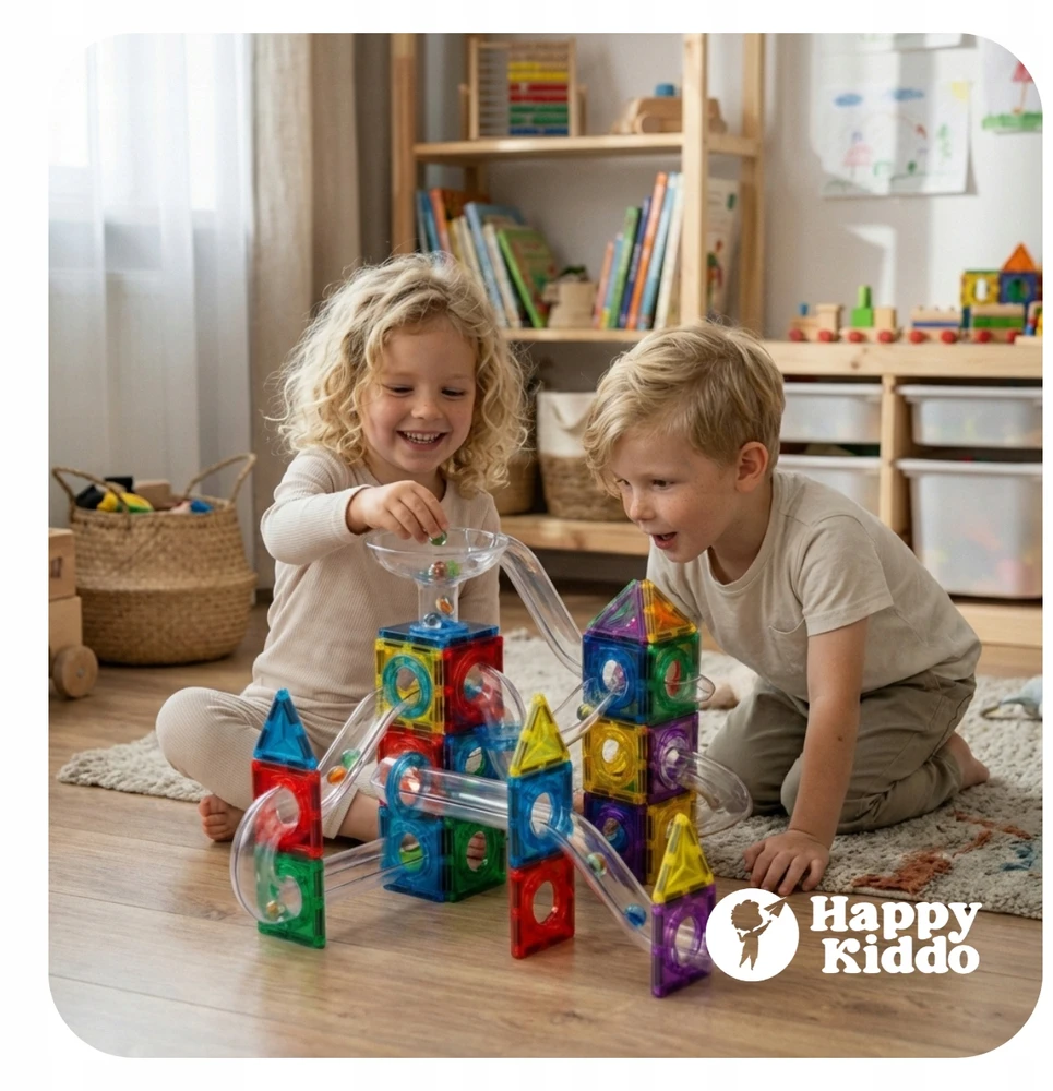 Happy Kiddo Magnetiniai blokai kamuoliukų takelis, 71 vnt. Šviečiantis rutulinis takelis, lavinamasis 3+ stiprus