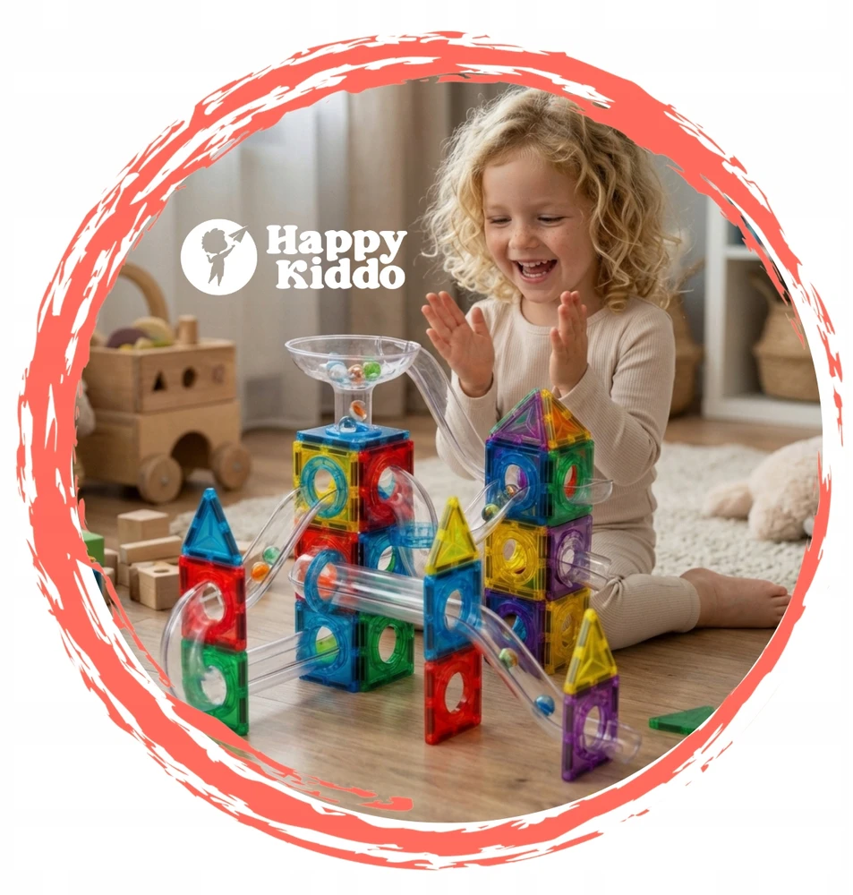 Happy Kiddo Magnetiniai blokai kamuoliukų takelis, 71 vnt. Šviečiantis rutulinis takelis, lavinamasis 3+ stiprus
