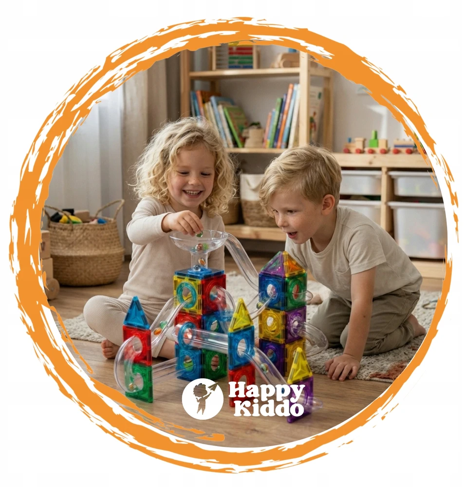 Happy Kiddo Magnetiniai blokai kamuoliukų takelis, 71 vnt. Šviečiantis rutulinis takelis, lavinamasis 3+ stiprus