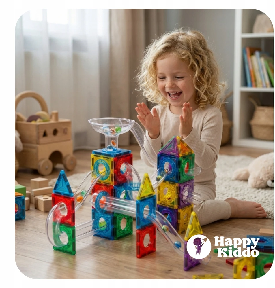 Happy Kiddo Magnetiniai blokai kamuoliukų takelis, 71 vnt. Šviečiantis rutulinis takelis, lavinamasis 3+ stiprus