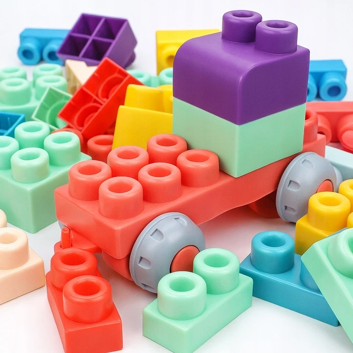 Happy Kiddo Minkšti guminiai blokeliai Sensory Struktūrinis didelis komplektas 48vnt automobilis 18m+