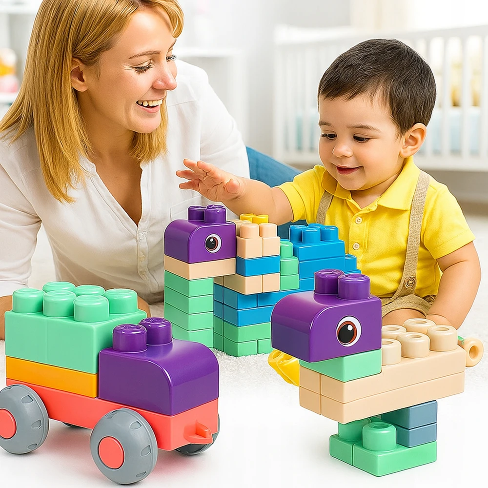 Happy Kiddo Minkšti guminiai blokeliai Sensory Struktūrinis didelis komplektas 48vnt automobilis 18m+