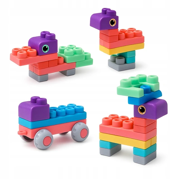 Happy Kiddo Minkšti guminiai blokeliai Sensory Struktūrinis didelis komplektas 48vnt automobilis 18m+