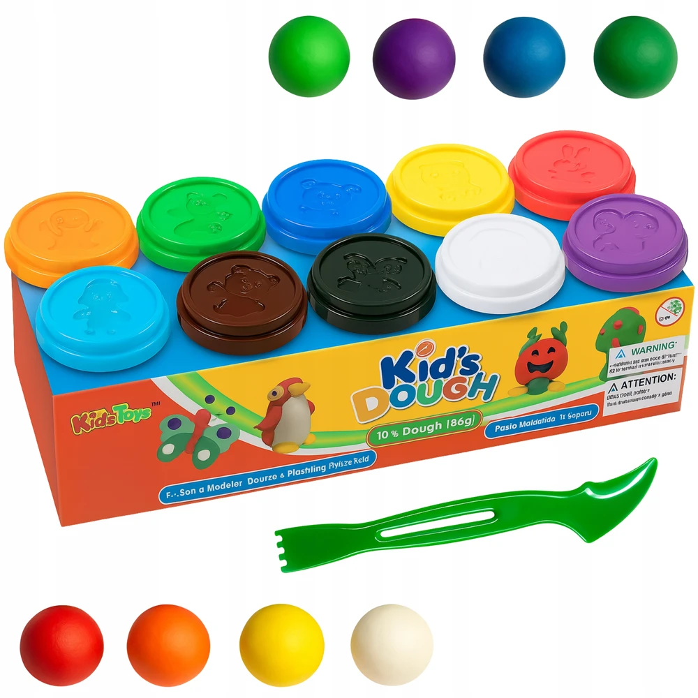 Happy Kiddo Tešla, plastilinas, žaidimų tešla, didelis 10 spalvų rinkinys, juslinės pramogos