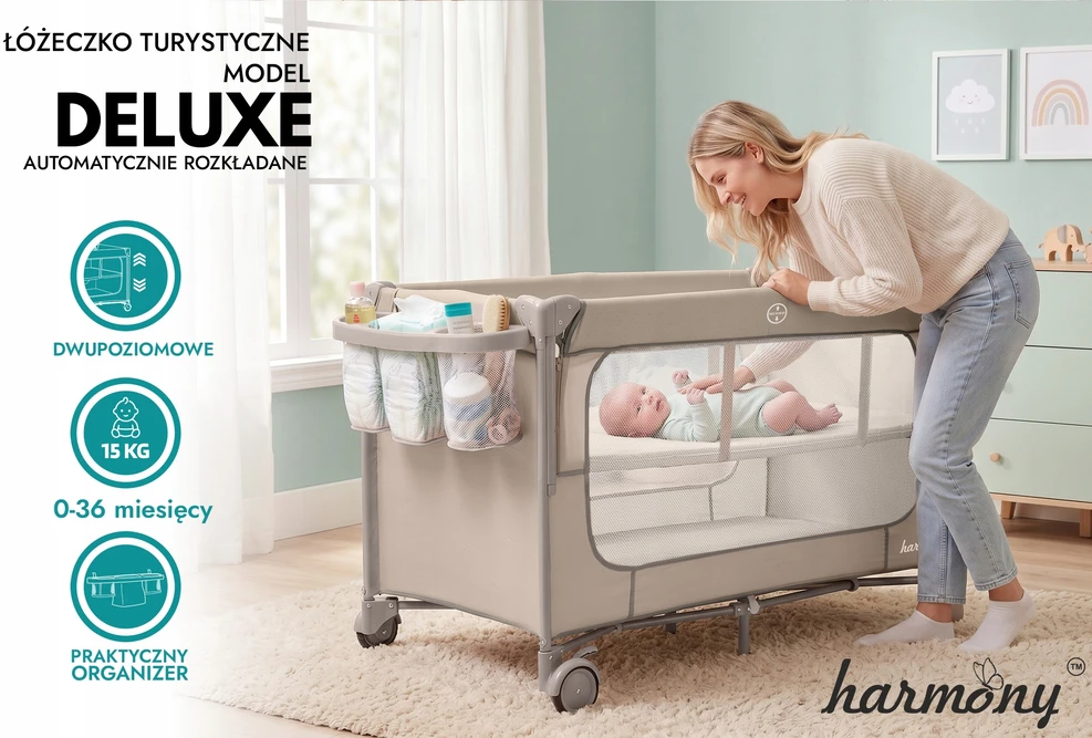 Harmony DELUXE Dviejų lygių sulankstoma kelioninė lovelė + KEITIMAS IR ORGANIZATORIUS