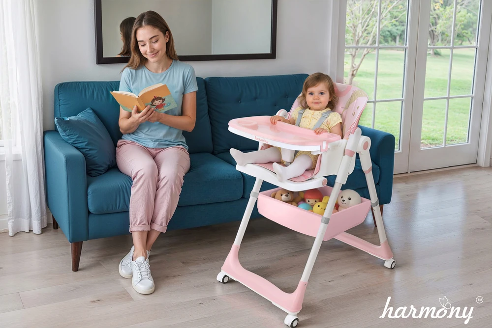 Harmony DIDELĖ SULANKSTAMA MAITINIMO KĖDĖ 5IN1 SU NULEIDIMO FUNKCIJA ROŽINĖ