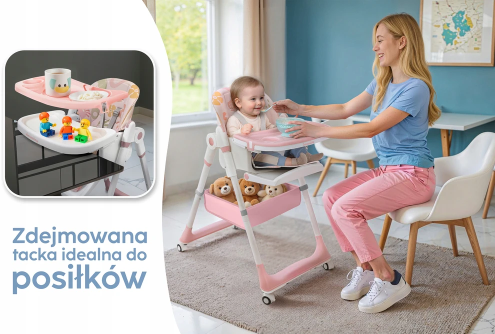 Harmony DIDELĖ SULANKSTAMA MAITINIMO KĖDĖ 5IN1 SU NULEIDIMO FUNKCIJA ROŽINĖ