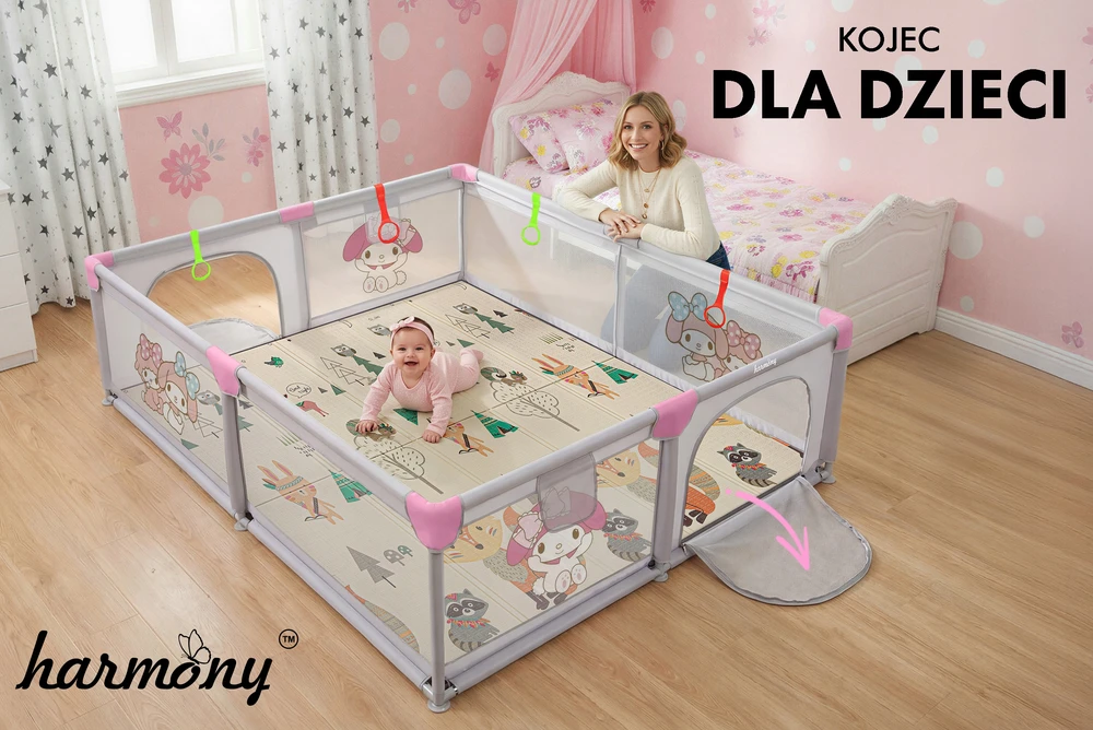Harmony KOJEC DZIECIĘCY Z MATĄ PIANKOWA 150x180 CM Žaidimų aikštelė + UCHWYTY I 50 PIŁEK