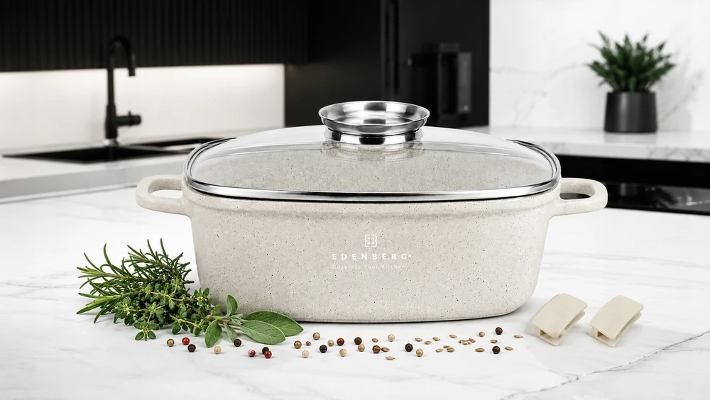 Hauspremium Marmurinis puodas su dangteliu DIDELIS 24CMX10CM DUJŲ INDUKCINIAI PUODAI 4,4L