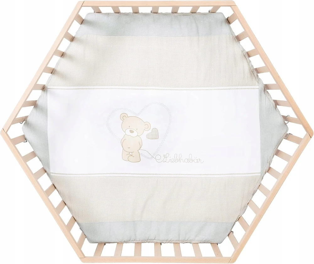 Hegaxonal Baby Playpen - ROBA - LIEBHABEAR - Height Adjustable - Removable Base - 6 Braked Wheels - Natural Wood - Teddy Bear Pa