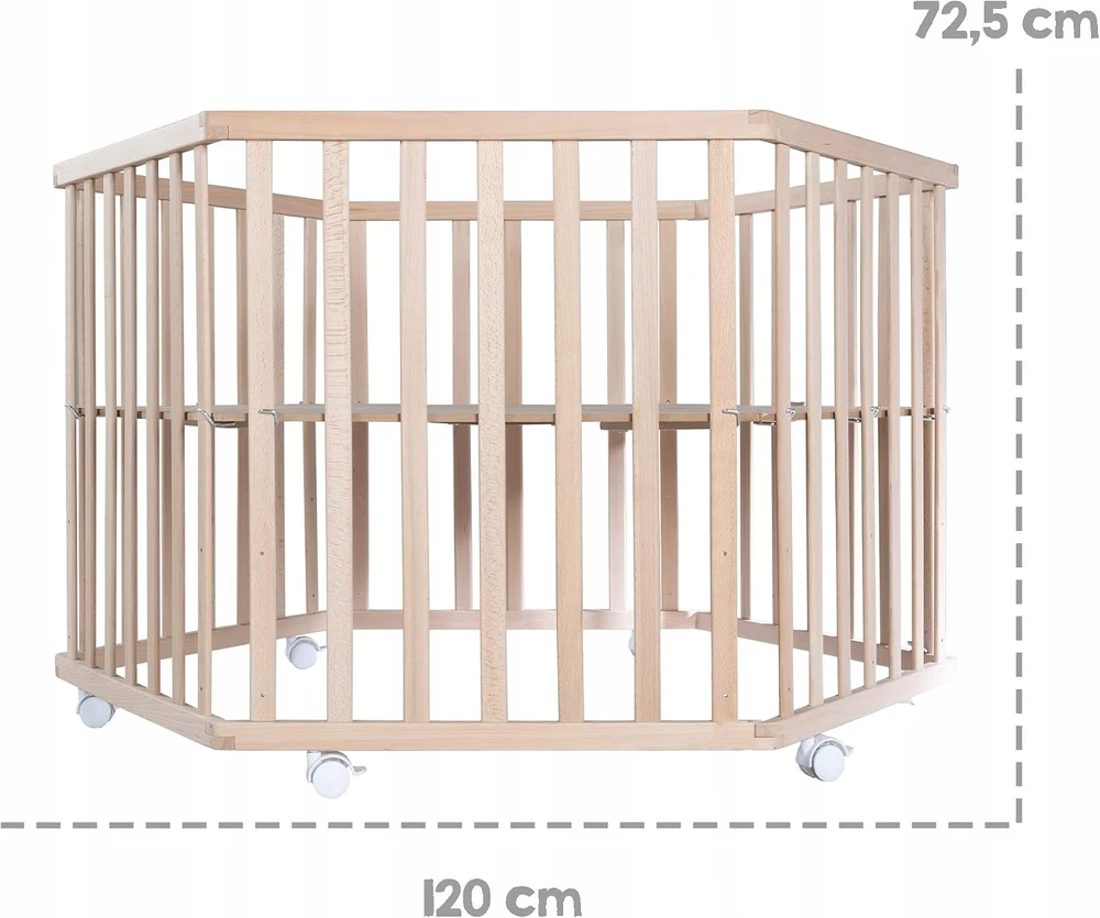 Hegaxonal Baby Playpen - ROBA - LIEBHABEAR - Height Adjustable - Removable Base - 6 Braked Wheels - Natural Wood - Teddy Bear Pa