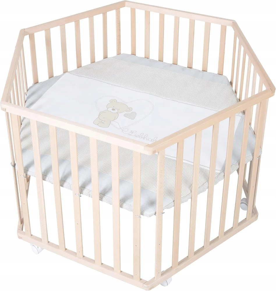 Hegaxonal Baby Playpen - ROBA - LIEBHABEAR - Height Adjustable - Removable Base - 6 Braked Wheels - Natural Wood - Teddy Bear Pa