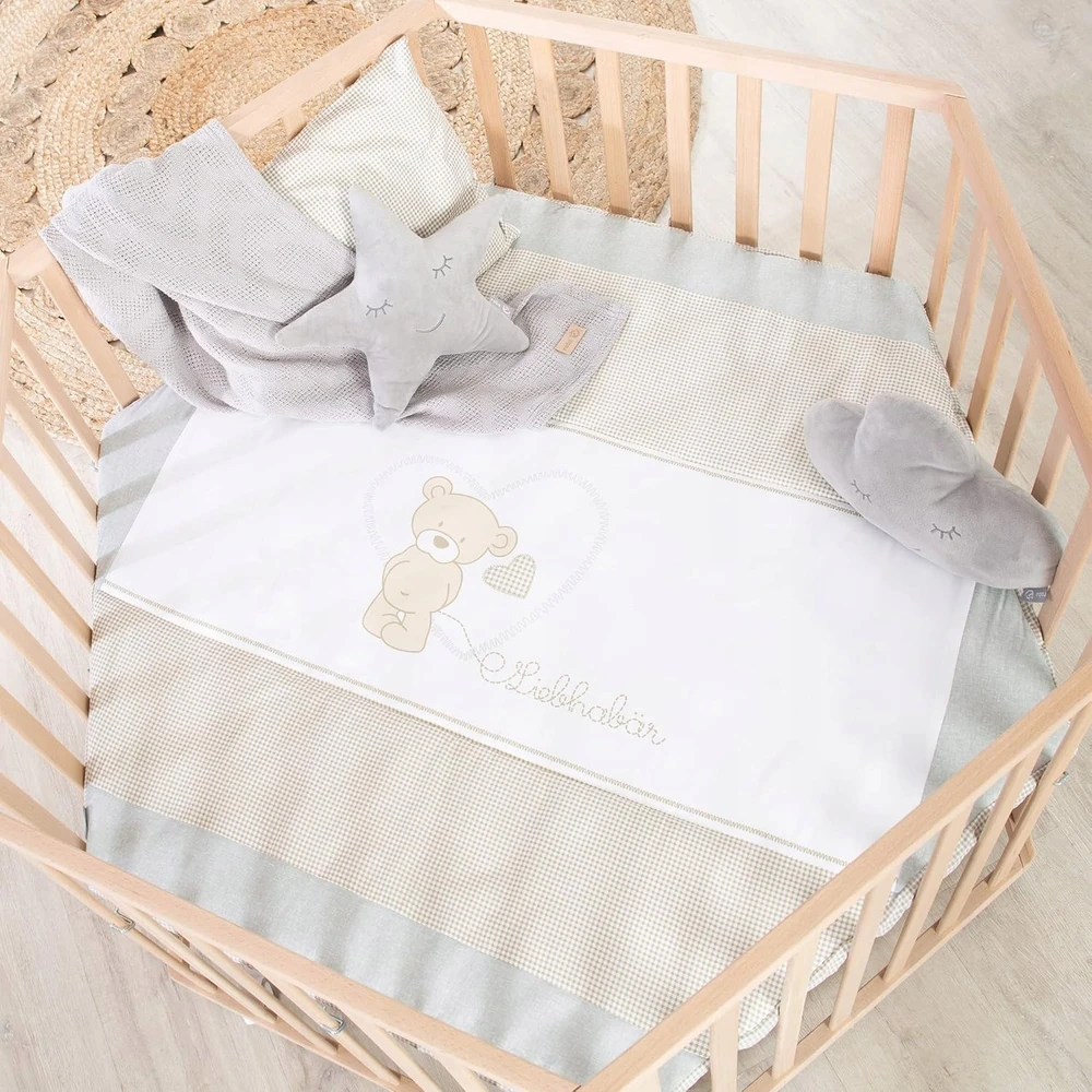 Hegaxonal Baby Playpen - ROBA - LIEBHABEAR - Height Adjustable - Removable Base - 6 Braked Wheels - Natural Wood - Teddy Bear Pa