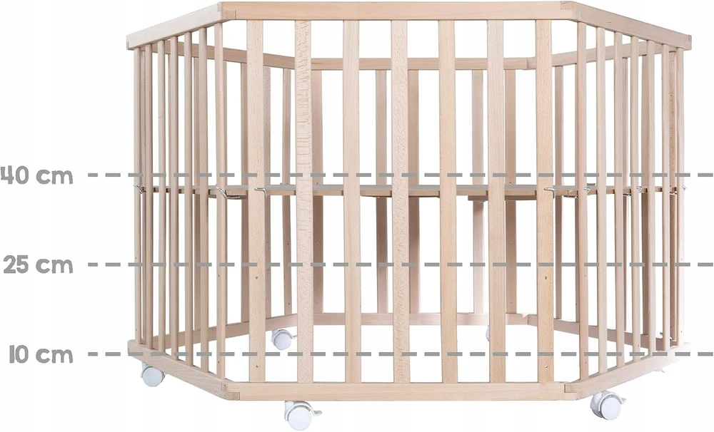 Hegaxonal Baby Playpen - ROBA - LIEBHABEAR - Height Adjustable - Removable Base - 6 Braked Wheels - Natural Wood - Teddy Bear Pa