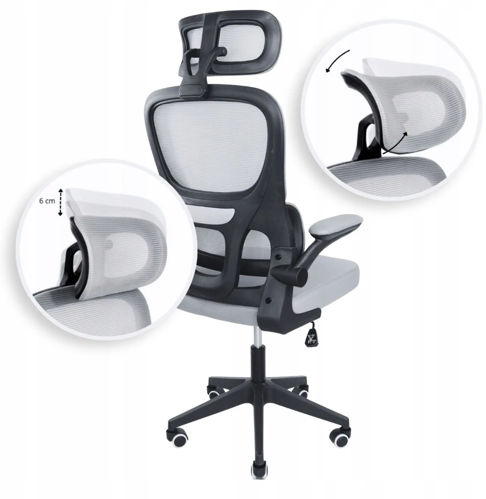 Hile Fotel Biurowy ERGONOMICZNY Krzesło Obrotowe SZARE Siatka WYGODNY Do Biurka
