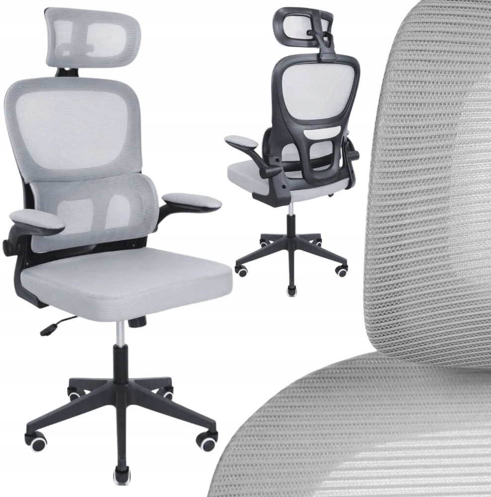 Hile Fotel Biurowy ERGONOMICZNY Krzesło Obrotowe SZARE Siatka WYGODNY Do Biurka