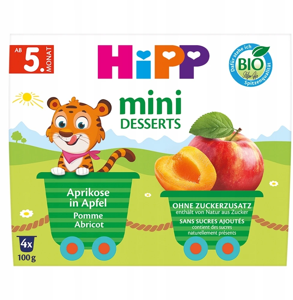 HiPP BIO desertas puodelyje 100% vaisių ABRIKOSŲ OBUOLIAI 4x100g po 5 mėn.