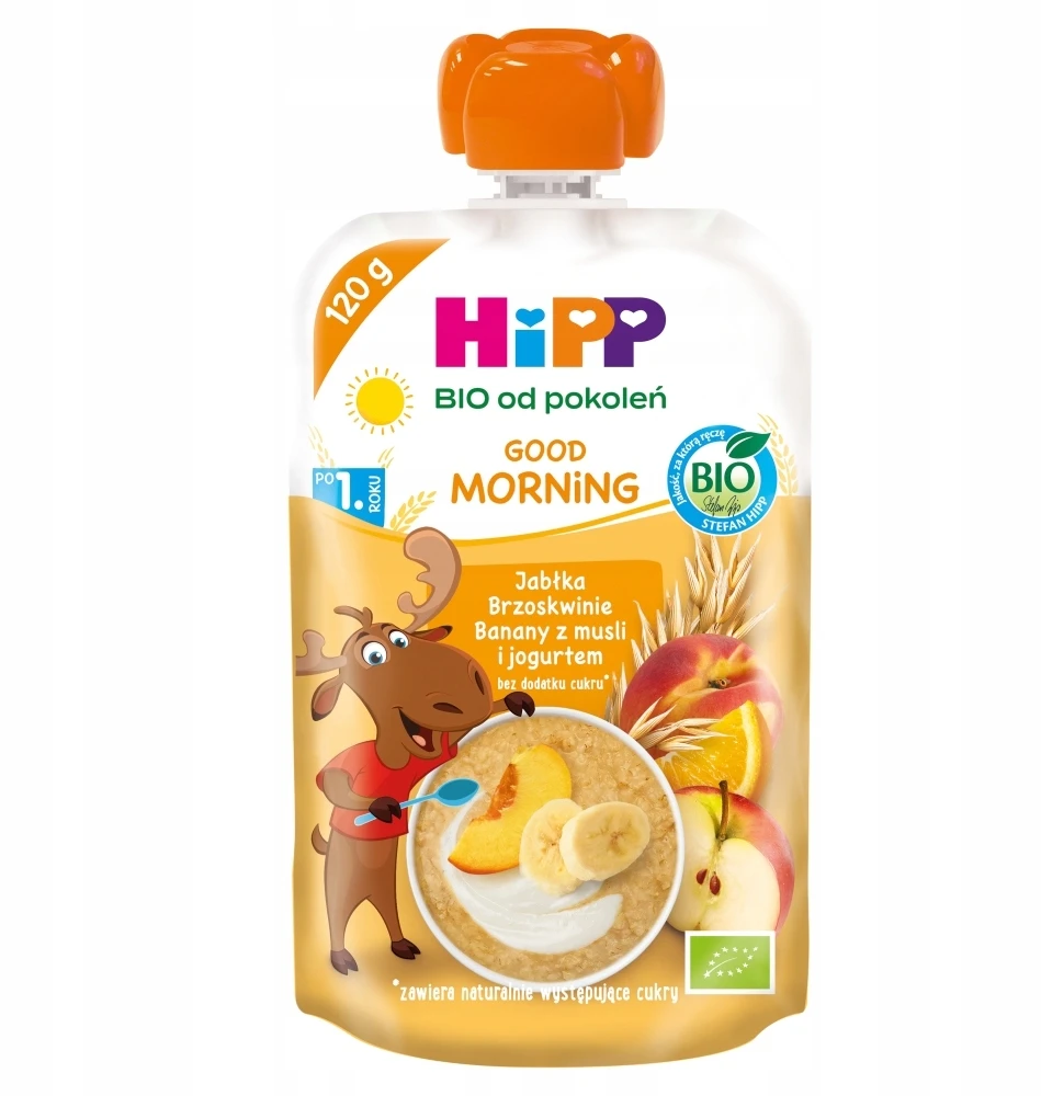 HiPP BIO FRUIT MOUSE obuoliai persikai bananai musli jogurtas 120ml po 1 metų