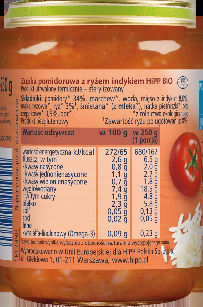 HiPP BIO Junior Pomidorų sriuba su ryžiais ir kalakutiena po 12 mėnesio 250 g