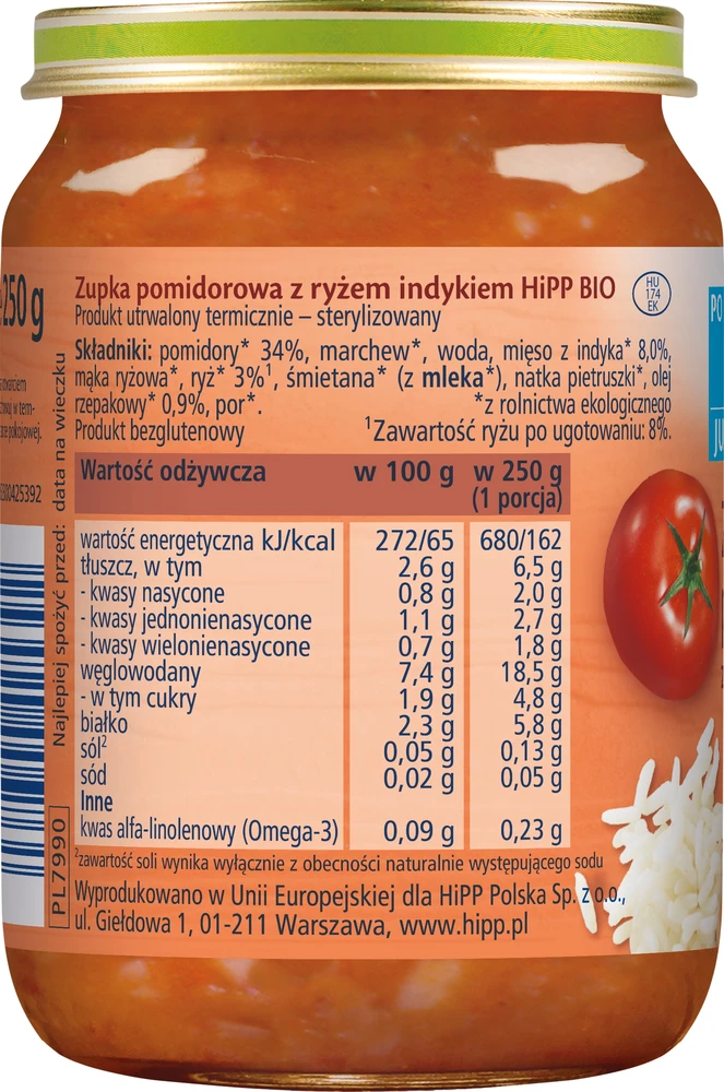 HiPP BIO Junior Pomidorų sriuba su ryžiais ir kalakutiena po 12 mėnesio 250 g
