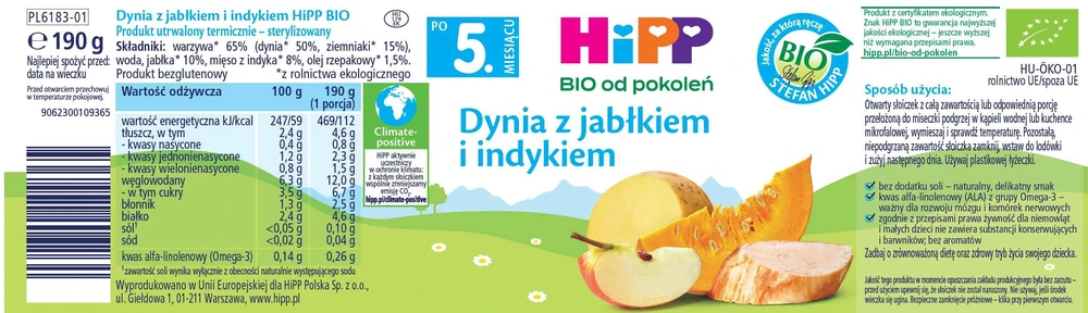 HiPP BIO kartoms moliūgų su obuoliu ir kalakutiena vakarienė 190 g