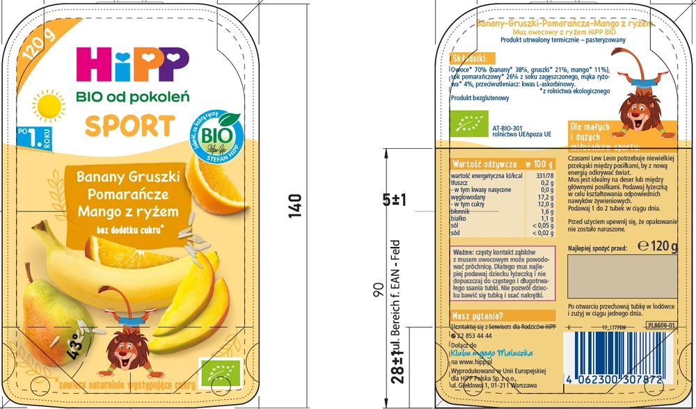 HiPP BIO kartoms SPORT Bananai, kriaušės, apelsinai, mangai su ryžiais 120 g