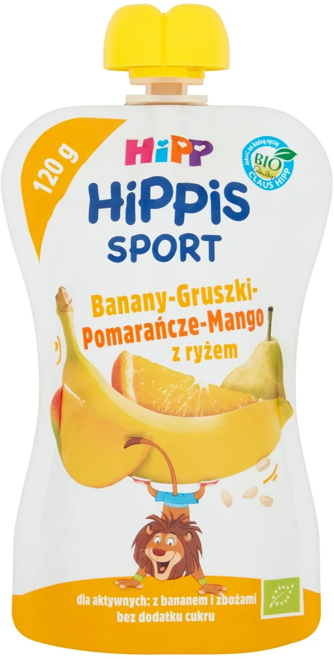 HiPP BIO kartoms SPORT Bananai, kriaušės, apelsinai, mangai su ryžiais 120 g