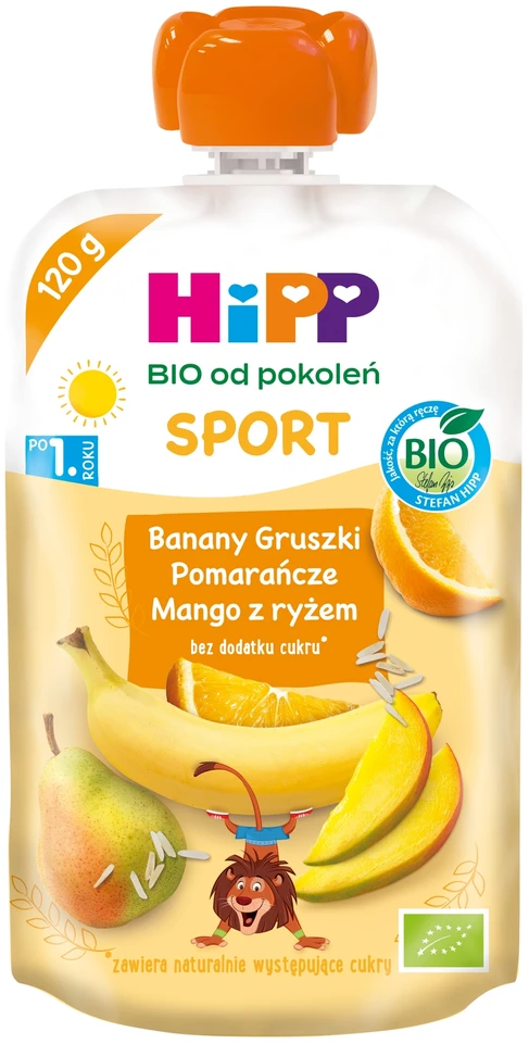 HiPP BIO kartoms SPORT Bananai, kriaušės, apelsinai, mangai su ryžiais 120 g