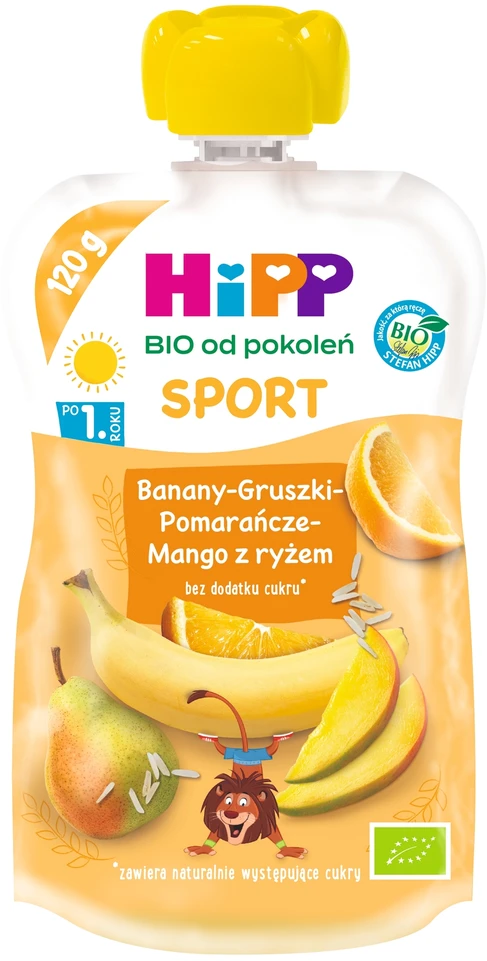 HiPP BIO kartoms SPORT Bananai, kriaušės, apelsinai, mangai su ryžiais 120 g
