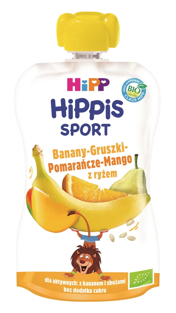 HiPP BIO kartoms SPORT Bananai, kriaušės, apelsinai, mangai su ryžiais 120 g