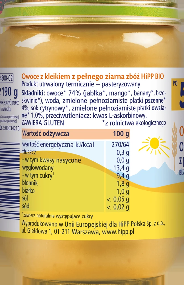 HiPP BIO kartoms Vaisiai su pilno grūdo koše po 5 mėnesio, 190g