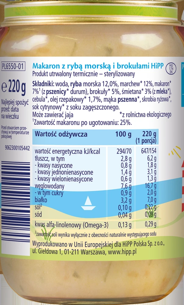 HiPP BIO kartoms vakarienės makaronai su jūros žuvimi ir brokoliais 220 g