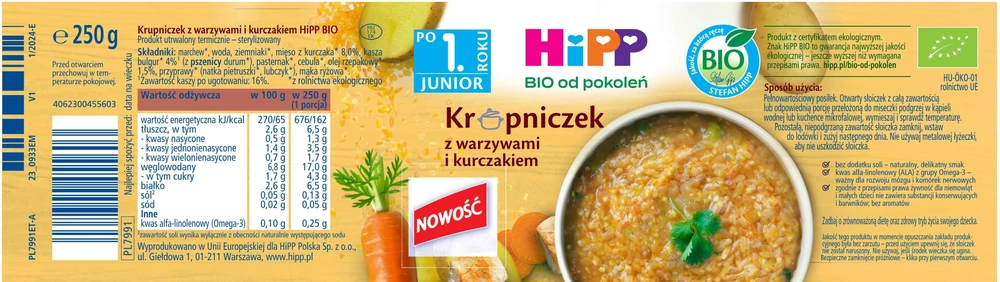 HiPP BIO Krupniczek Vegetables Vištiena 250g Po 1 metų Vaikams