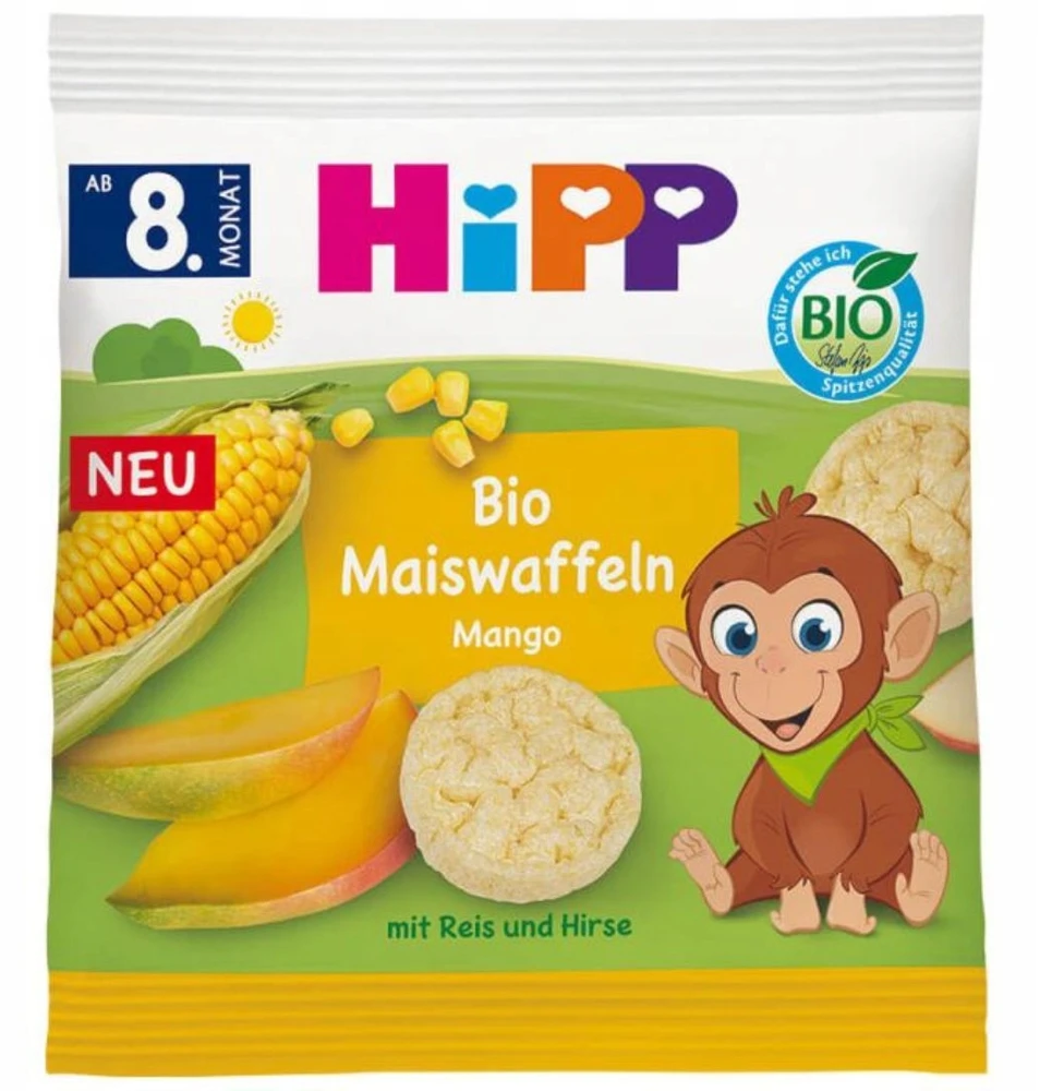 HIPP BIO kukurūzų vafliai, MANGO traškučiai, BE GLITIMO Iš Vokietijos