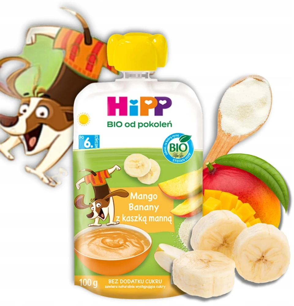 HiPP BIO Mango vaisių tyrė, bananai su manų kruopomis 100g po 6 mėn