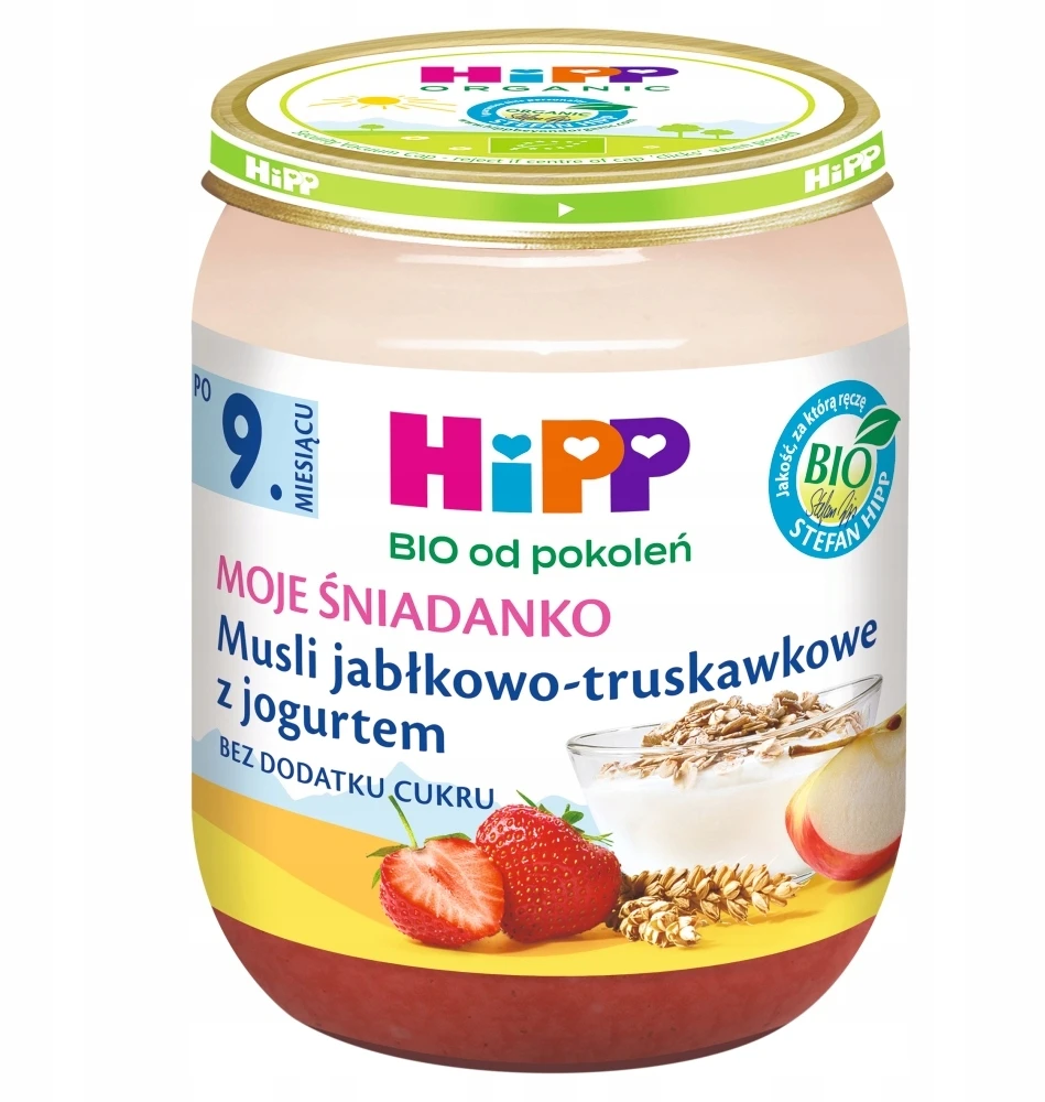 HiPP BIO MUSLI obuolių-braškių pusryčiai su jogurtu 160g po 9 mėn.