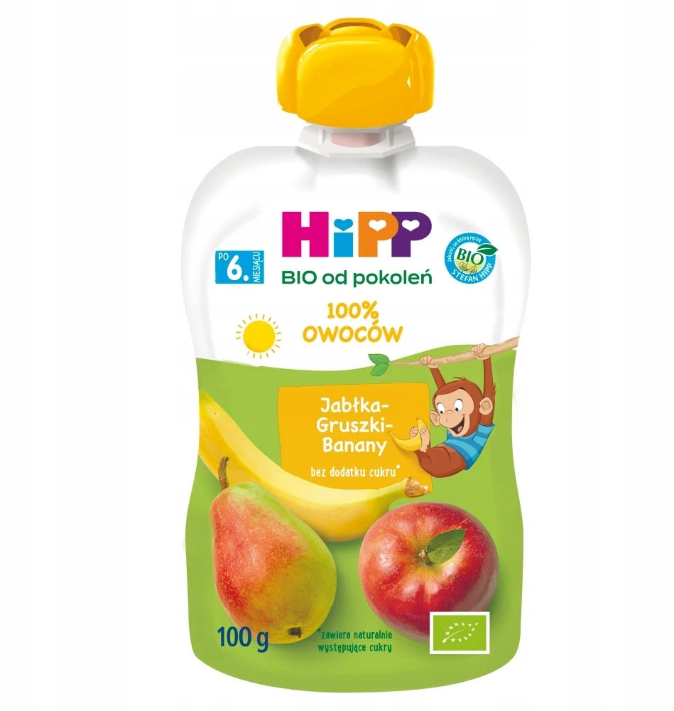 HiPP BIO Tube Mousse Obuoliai Kriaušės Bananai 6x100g po 6 mėn