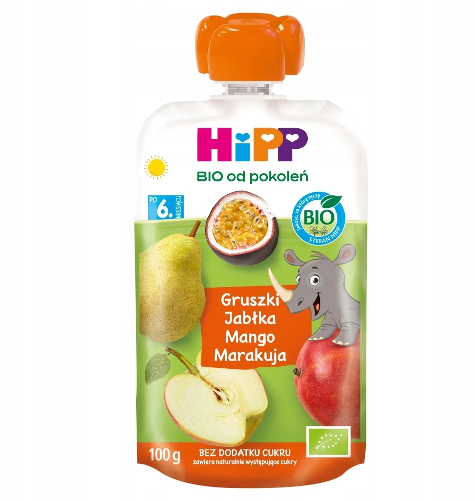 HiPP BIO vaisių tyrė KRIAUŠIŲ OBUOLIŲ MANGO PASSION FRUIT 100g po 6 mėn.
