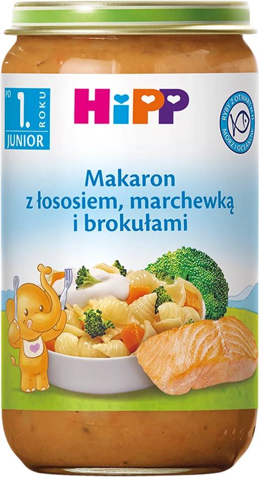 HiPP makaronai su lašiša, morkomis ir brokoliais 250g po 1 metų