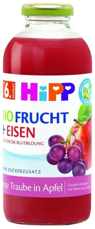 HIPP SULČIŲ VAISIAI SU GELEŽIMIS 6m 500ml VYNUOGŲ OBUOLIAI BE CUKRAUS