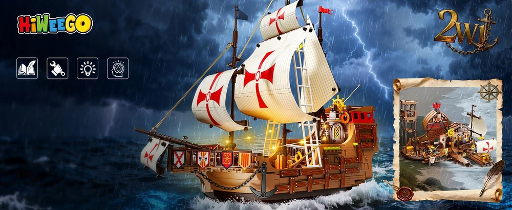 HiWEEGO BLOKŲ PIRATŲ LAIVAS SANTA MARIA PILIS NAMAS KELIAS 2in1 DOVANA 1253vnt.