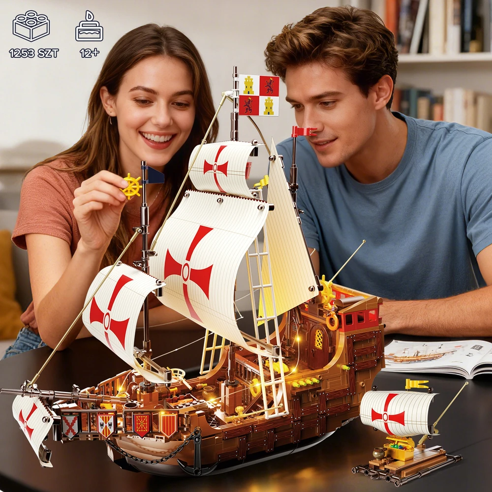 HiWEEGO BLOKŲ PIRATŲ LAIVAS SANTA MARIA PILIS NAMAS KELIAS 2in1 DOVANA 1253vnt.