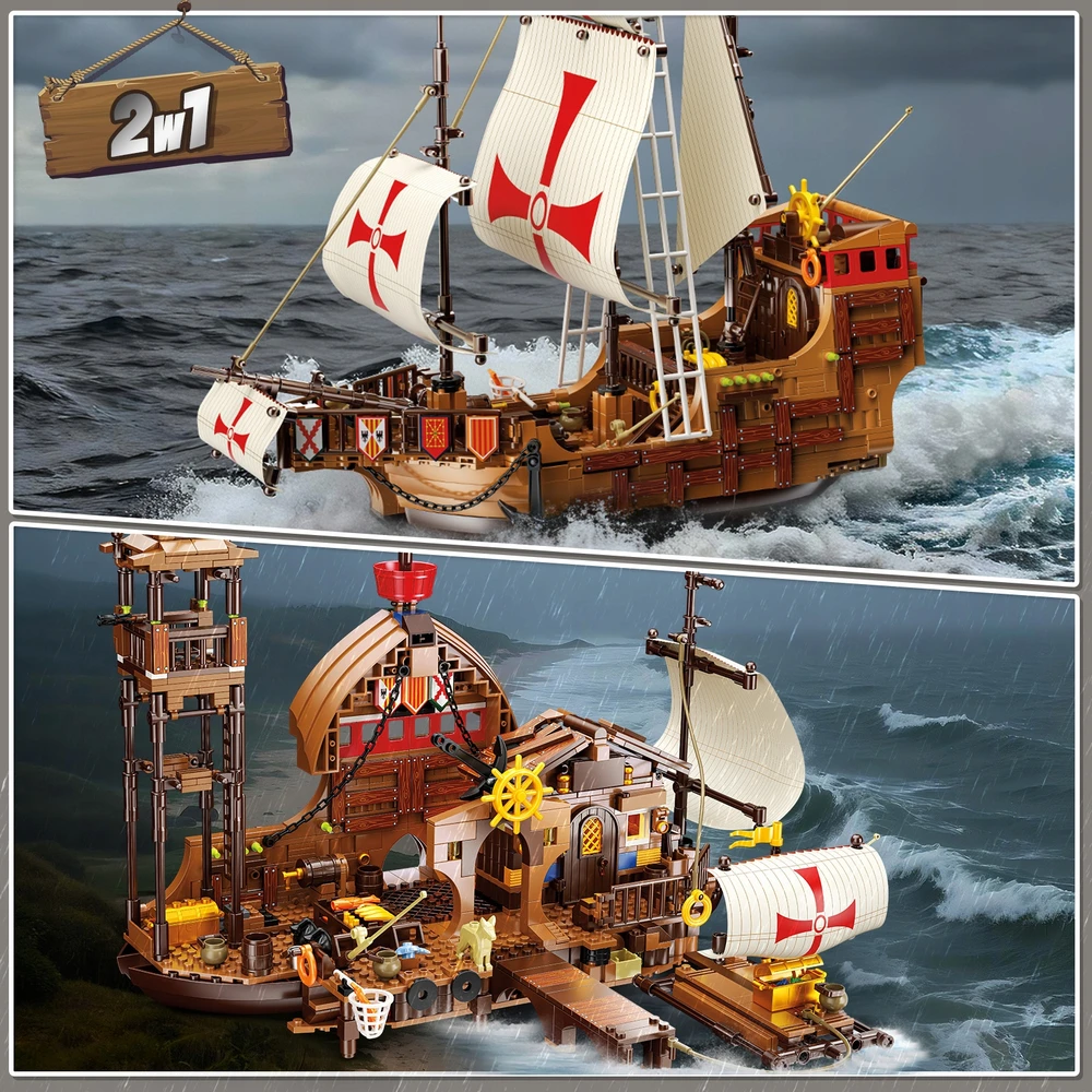 HiWEEGO BLOKŲ PIRATŲ LAIVAS SANTA MARIA PILIS NAMAS KELIAS 2in1 DOVANA 1253vnt.