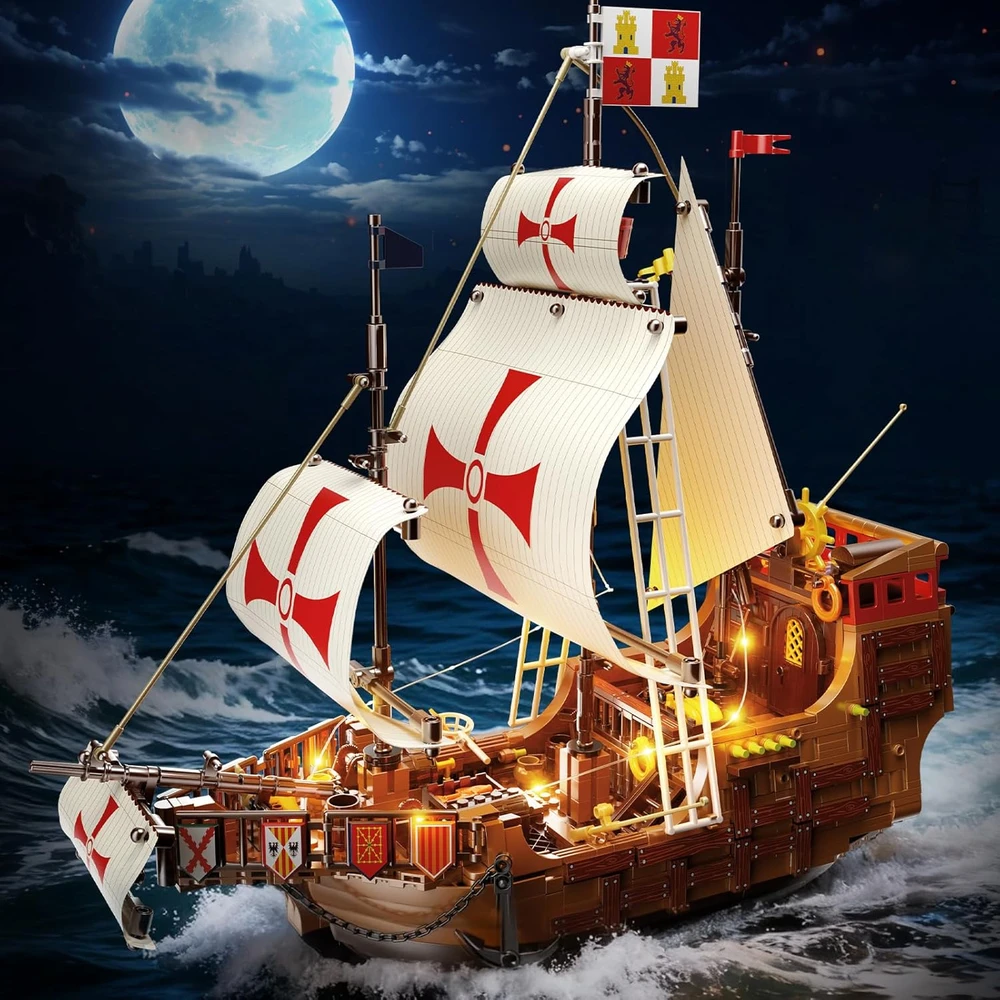 HiWEEGO BLOKŲ PIRATŲ LAIVAS SANTA MARIA PILIS NAMAS KELIAS 2in1 DOVANA 1253vnt.