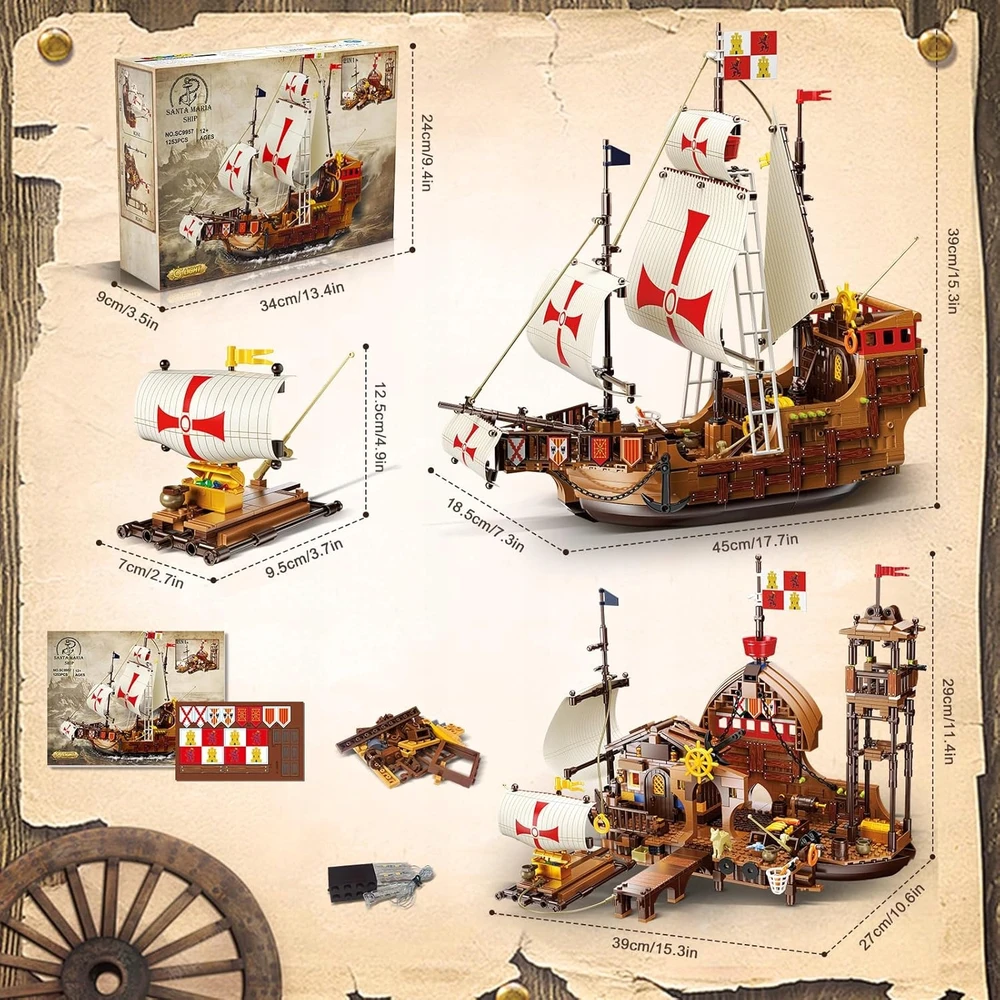 HiWEEGO BLOKŲ PIRATŲ LAIVAS SANTA MARIA PILIS NAMAS KELIAS 2in1 DOVANA 1253vnt.