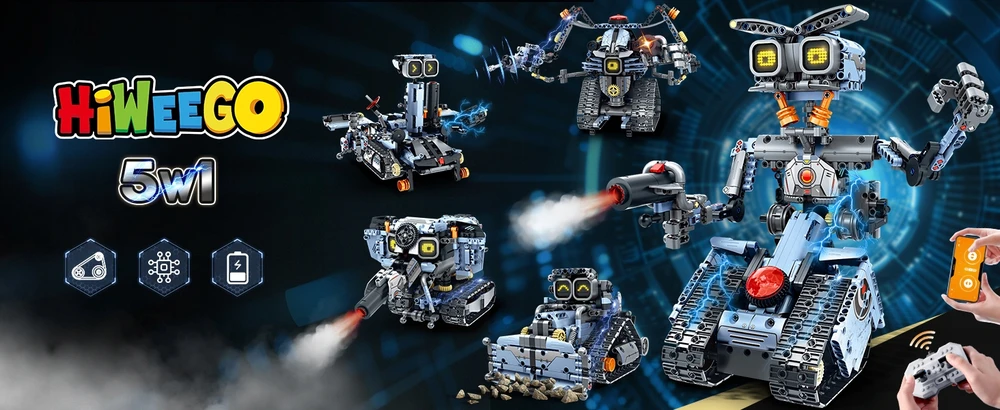 HiWEEGO BLOKŲ ROBOTO NUOTOLINIO KONTROLĖ RC TANK TRANSPORTO PRIEMONĖS LED PROGRAMAVIMAS 5in1 699vnt.