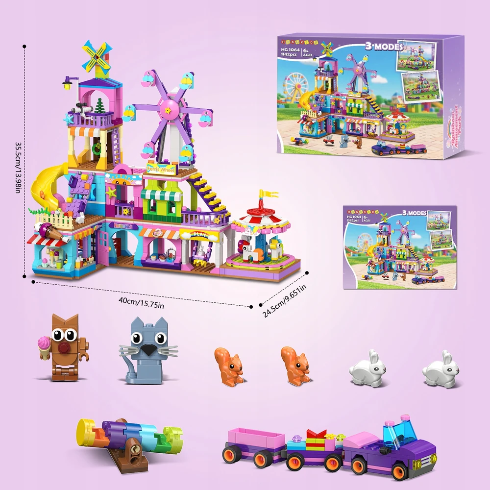 Hogokids BLOKUOJA ŽAIDIMŲ AIKŠTELĖS FUNKCINIS PAGRINDAS 3IN1 SLIDE+FERRIS WHEEL+ KARUSEL