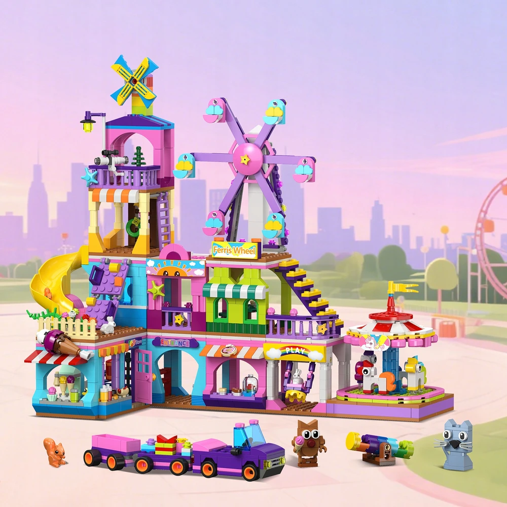 Hogokids BLOKUOJA ŽAIDIMŲ AIKŠTELĖS FUNKCINIS PAGRINDAS 3IN1 SLIDE+FERRIS WHEEL+ KARUSEL